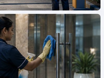 Professional housekeeping attendant cleaning a glass lobby door