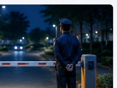 Security guard controlling vehicle access at a boom barrier gate