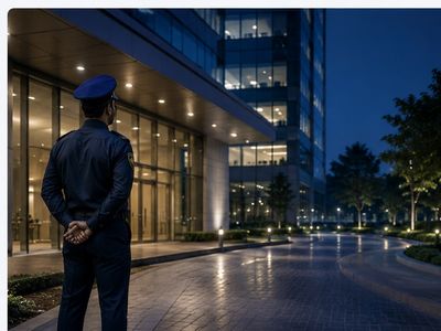 Uniformed security guard on night post at a corporate building entrance