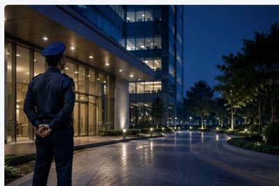 Security guard on night duty at a corporate office entrance