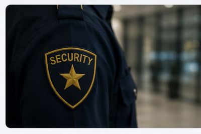 Close-up of SECURITY badge on a guard's uniform