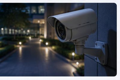 CCTV surveillance camera monitoring a lit corporate campus at night