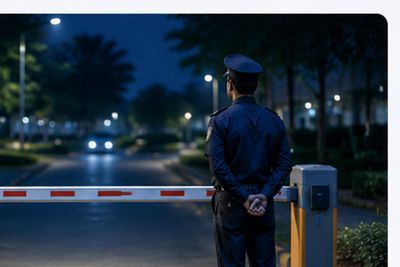 Guard at vehicle boom barrier controlling site entry