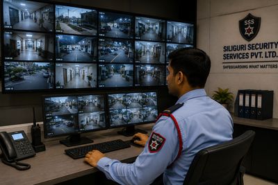 Security officer monitoring CCTV screens in control room with SSS branding