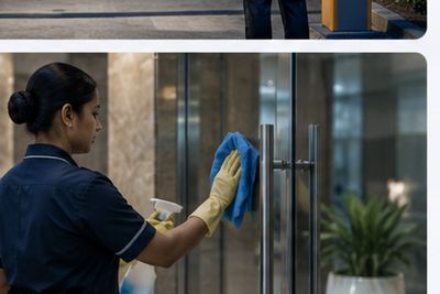 Housekeeping professional cleaning a glass corporate lobby door