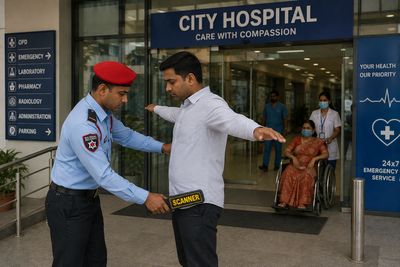Security guard using handheld scanner at hospital entrance