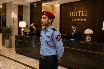 Security guard at hotel lobby reception desk in blue uniform with red beret