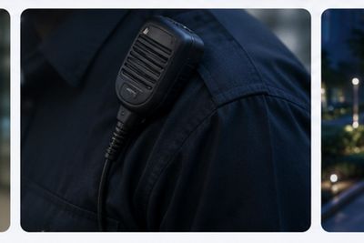 Radio handset clipped to a security officer's uniform shoulder